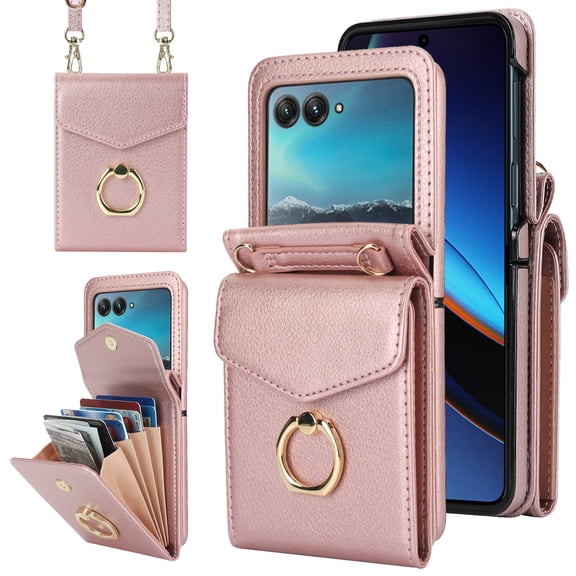 ELEHOLD Luxury Wallet Case For Motorola Razr Ultra 2025/ Razr 60 Ultra,with Organ Card Slots RFID Blocking Metal Ring Holder Crossbody Shoulder Strap Leather Purse Case for Women Girls,Rosegold