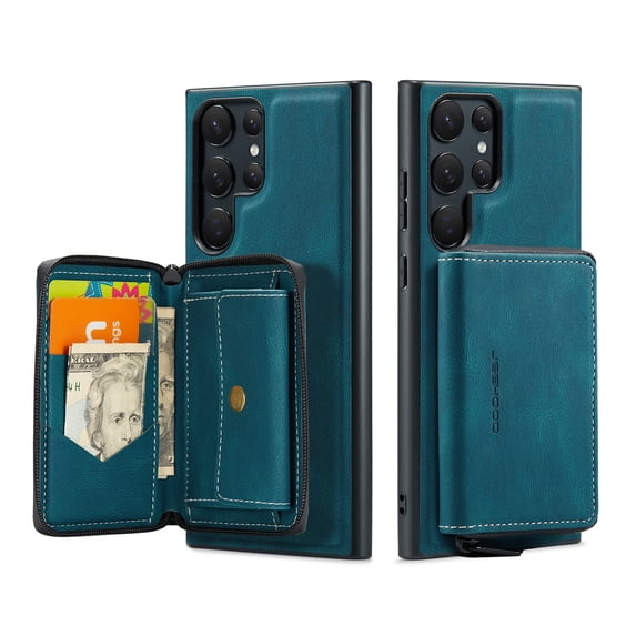 ELEHOLD Luxury Wallet Case for Samsung Galaxy S22 Ultra Leather Purse Case with Detachable Card Slots Zipper Pocket Kickstand Function Shockproof Protective Case,Blue