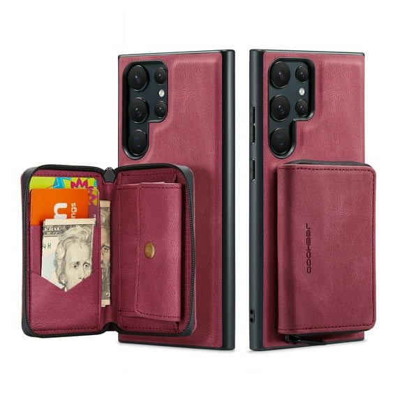 ELEHOLD Luxury Wallet Case for Samsung Galaxy S22 Ultra Leather Purse Case with Detachable Card Slots Zipper Pocket Kickstand Function Shockproof Protective Case,Red