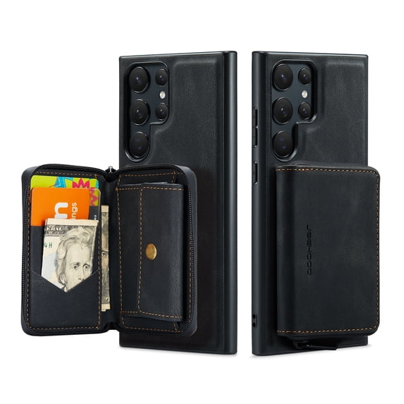 ELEHOLD Luxury Wallet Case for Samsung Galaxy S22 Ultra Leather Purse Case with Detachable Card Slots Zipper Pocket Kickstand Function Shockproof Protective Case,Black