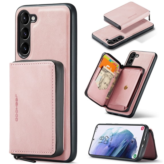 ELEHOLD Luxury Wallet Case for Samsung Galaxy S23 Plus Leather Purse Case with Detachable Card Slots Zipper Pocket Kickstand Function Shockproof Protective Case,Pink