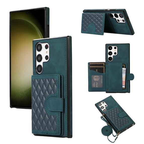 ELEHOLD Luxury Wallet Case for Samsung Galaxy S23 Ultra 6.8" with Card Holders Magnetic Closure Kickstand Function Shockproof Purse Case with Detachable Crossbody Shoulder Strap,Green