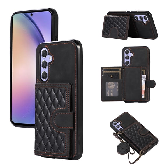 ELEHOLD Luxury Wallet Case for Samsung Galaxy S24 Plus with Card Holders Magnetic Closure Kickstand Function Shockproof Galaxy S24 Plus Purse Case with Detachable Crossbody Shoulder Strap,Black