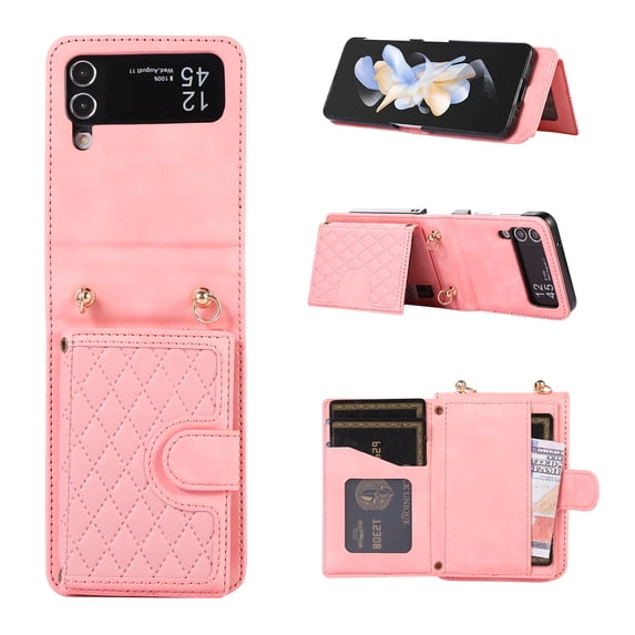 ELEHOLD Luxury Wallet Case for Samsung Galaxy Z Flip 3 with Card Holders Magnetic Closure Kickstand Function Shockproof Purse Case with Detachable Crossbody Shoulder Strap,Rosegold
