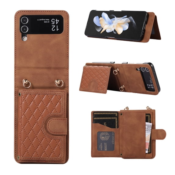 ELEHOLD Luxury Wallet Case for Samsung Galaxy Z Flip 3 with Card Holders Magnetic Closure Kickstand Function Shockproof Purse Case with Detachable Crossbody Shoulder Strap,Brown