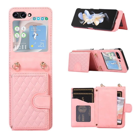 ELEHOLD Luxury Wallet Case for Samsung Galaxy Z Flip 5 with Card Holders Magnetic Closure Kickstand Function Shockproof Purse Case with Detachable Crossbody Shoulder Strap for Women Girls,Rosegold