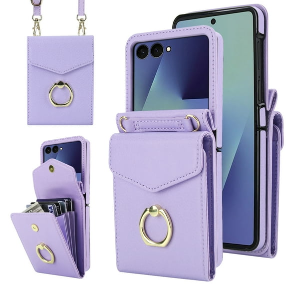 ELEHOLD Luxury Wallet Case for Samsung Galaxy Z Flip 7,with Organ Card Slots RFID Blocking Metal Ring Holder Crossbody Shoulder Strap Leather Purse Case for Women Girls,Purple