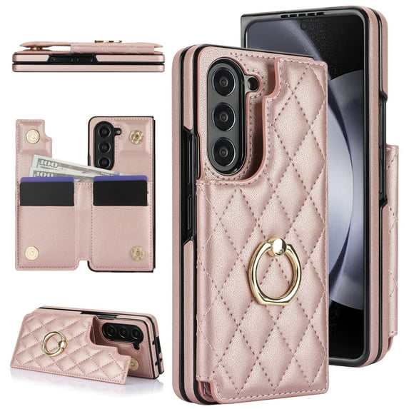 ELEHOLD Luxury Wallet Case for Samsung Galaxy Z Fold 6, Faux Leather Non-Slip Grip Ring Holder Flip Kickstand Card Cash Slot Shockproof Protection Case for Samsung Galaxy Z Fold 6 ,Rosegold