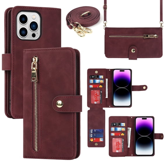 ELEHOLD Luxury Wallet Case for iPhone 12 Pro Max (6.7") Card Slots Zipper Purse Stand Function with Crossbody Strap Wrist Strap PU Leather Shockproof Case for iPhone 12 Pro Max,Winered