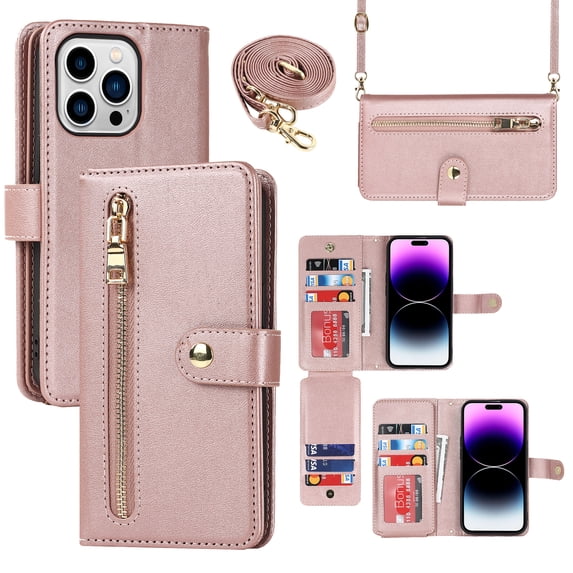 ELEHOLD Luxury Wallet Case for iPhone 12 Pro Max (6.7") Card Slots Zipper Purse Stand Function with Crossbody Strap Wrist Strap PU Leather Shockproof Case for iPhone 12 Pro Max,Rosegold