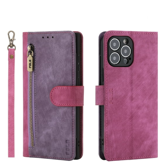 ELEHOLD Luxury Wallet Case for iPhone 12 Pro Max (6.7 inch), PU Leather RFID Blocking Card Slots Zipper Pocket Magnetic Closure Kickstand Lanyard Shockproof Protective Case, Rose