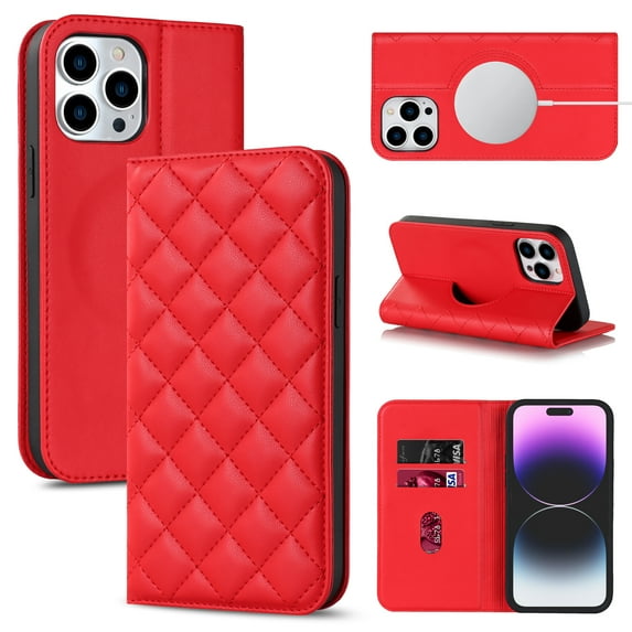ELEHOLD Luxury Wallet Case for iPhone 12 Pro with RFID Blocking Card Slots Kickstand Feature Magnetic Closure Compatible with MagSafe Charging All-Round Protection Shockproof Wallet Case,red