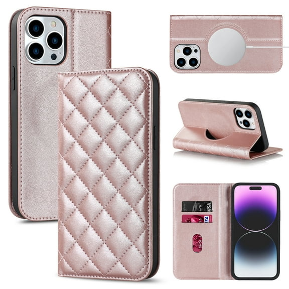 ELEHOLD Luxury Wallet Case for iPhone 13 Mini with RFID Blocking Card Slots Kickstand Feature Magnetic Closure Compatible with MagSafe Charging All-Round Protection Shockproof Wallet Case,rosegold