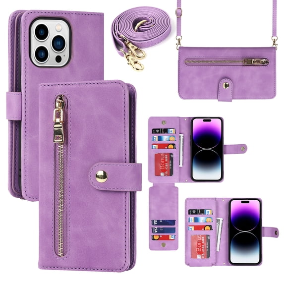 ELEHOLD Luxury Wallet Case for iPhone 13 Pro (6.1") Card Slots Zipper Purse Stand Function with Crossbody Strap Wrist Strap PU Leather Shockproof Case for iPhone 13 Pro,Lightpurple