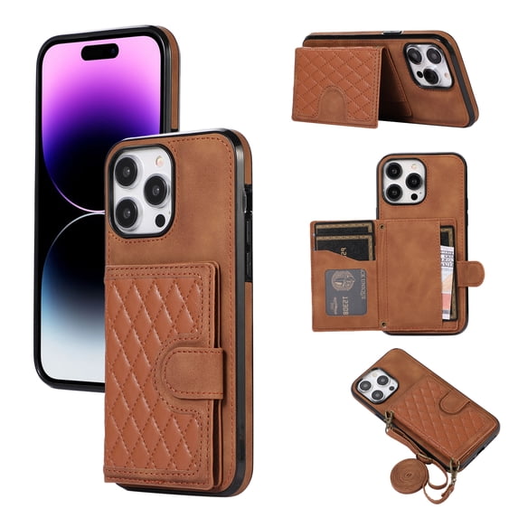 ELEHOLD Luxury Wallet Case for iPhone 13 Pro Max 6.7" with Card Holders Magnetic Closure Kickstand Function Shockproof Purse Case with Detachable Crossbody Shoulder Strap,Brown