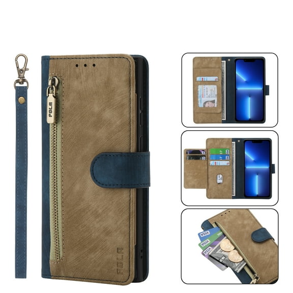ELEHOLD Luxury Wallet Case for iPhone 13 Pro Max 6.7inch,PU Leather RFID Blocking Card Slots Zipper Pocket Magnetic Closure Kickstand Lanyard Shockproof Protective Case,Blue