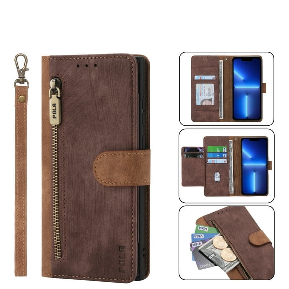 ELEHOLD Luxury Wallet Case for iPhone 13 Pro Max 6.7inch,PU Leather RFID Blocking Card Slots Zipper Pocket Magnetic Closure Kickstand Lanyard Shockproof Protective Case,Brown