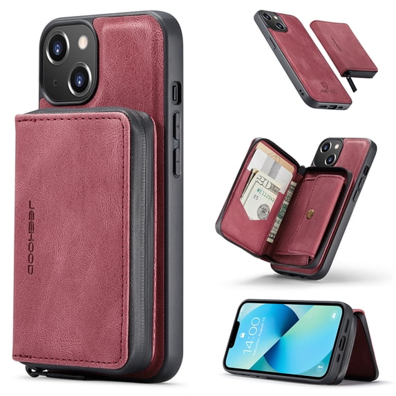 ELEHOLD Luxury Wallet Case for iPhone 14 6.1inch PU Leather Purse Case with Detachable Card Slots Zipper Pocket Kickstand Function Shockproof Case,Red