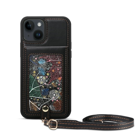 ELEHOLD Luxury Wallet Case for iPhone 14 Plus 6.7", Fashion Leaf Pattern Design Flip Back Card Holders Magnetic Clasp Stand Function with Wriststrap Purse Case,Black