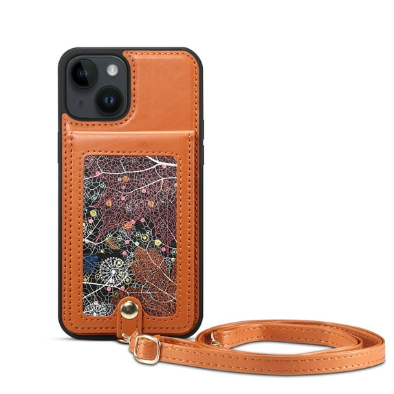 ELEHOLD Luxury Wallet Case for iPhone 14 Plus 6.7", Fashion Leaf Pattern Design Flip Back Card Holders Magnetic Clasp Stand Function with Wriststrap Purse Case,Brown