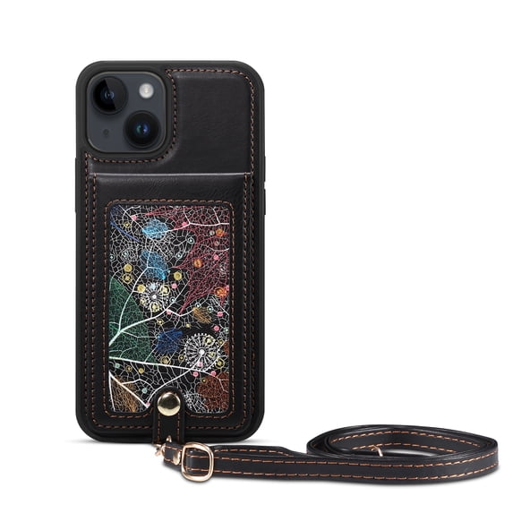 ELEHOLD Luxury Wallet Case for iPhone 14 Plus 6.7", Fashion Leaf Pattern Design Flip Back Card Holders Magnetic Clasp Stand Function with Wriststrap Purse Case,Black