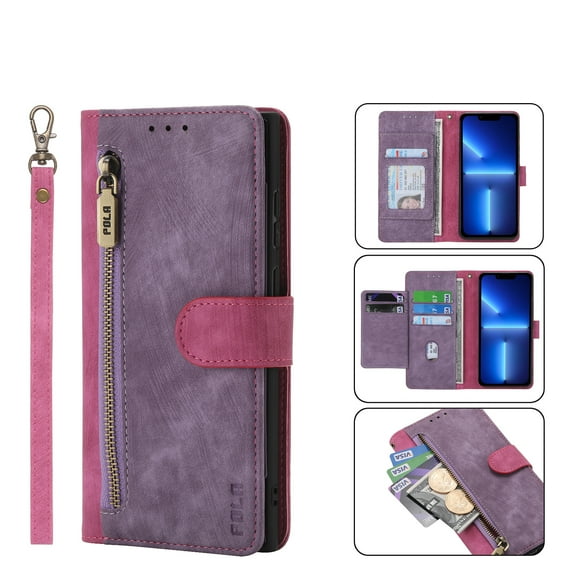 ELEHOLD Luxury Wallet Case for iPhone 14 Plus (6.7 inch 2022), PU Leather RFID Blocking Card Slots Zipper Pocket Magnetic Closure Kickstand Lanyard Shockproof Protective Case,Rose