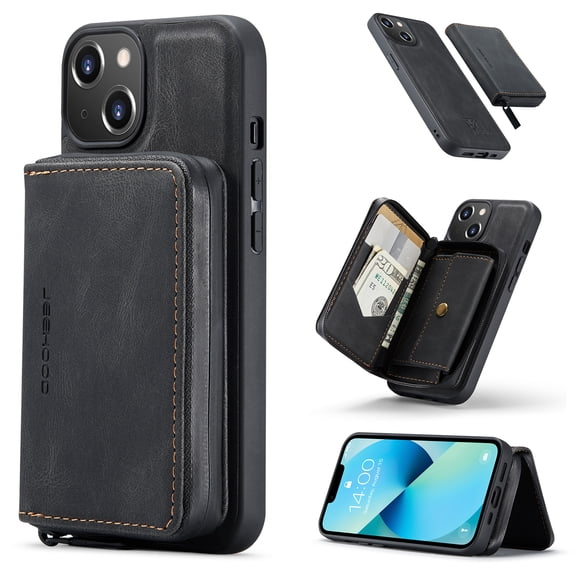 ELEHOLD Luxury Wallet Case for iPhone 14 Plus Leather Purse Case with Detachable Card Slots Zipper Pocket Kickstand Function Shockproof Case Black,For iPhone 14 Plus