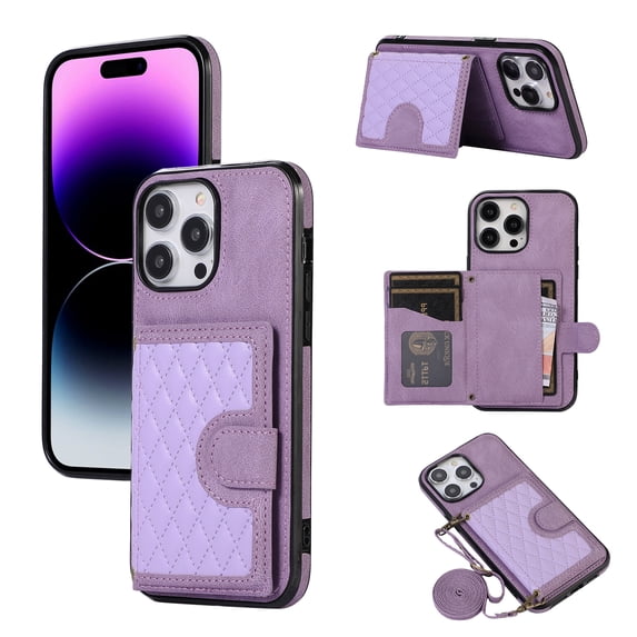 ELEHOLD Luxury Wallet Case for iPhone 14 Pro 6.1" with Card Holders Magnetic Closure Kickstand Function Shockproof Purse Case with Detachable Crossbody Shoulder Strap,Purple