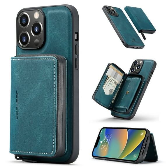 ELEHOLD Luxury Wallet Case for iPhone 14 Pro Max PU Leather Purse Case with Detachable Card Slots Zipper Pocket Kickstand Function Shockproof Case 6.7 inch -Blue