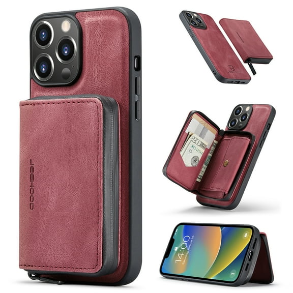 ELEHOLD Luxury Wallet Case for iPhone 14 Pro Max PU Leather Purse Case with Detachable Card Slots Zipper Pocket Kickstand Function Shockproof Case 6.7 inch -Red