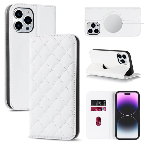 ELEHOLD Luxury Wallet Case for iPhone 14 Pro with RFID Blocking Card Slots Kickstand Feature Magnetic Closure Compatible with MagSafe Charging All-Round Protection Shockproof Wallet Case,white
