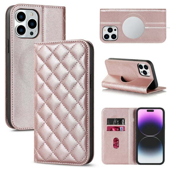 ELEHOLD Luxury Wallet Case for iPhone 14 with RFID Blocking Card Slots Kickstand Feature Magnetic Closure Compatible with MagSafe Charging All-Round Protection Shockproof Wallet Case,rosegold