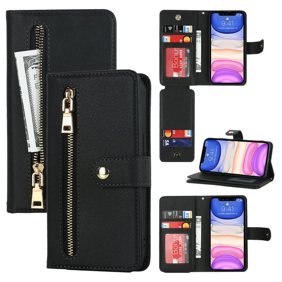 ELEHOLD Luxury Wallet Case for iPhone XR (6.1") Card Slots Zipper Purse Stand Function with Crossbody Strap Wrist Strap PU Leather Shockproof Case for iPhone XR,Black