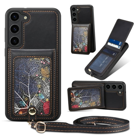 ELEHOLD Luxury Wallet Case for Samsung Galaxy S21 FE Fashion Leaf Pattern Design Flip Back Card Holders Magnetic Clasp Stand Function with Wriststrap Crossbody Strap Shockproof Purse Case,black