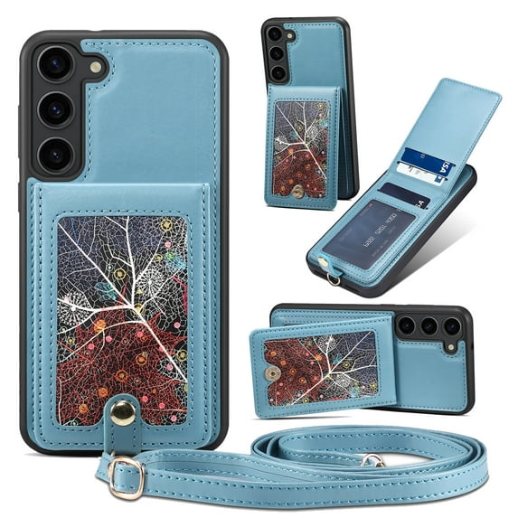 ELEHOLD Luxury Wallet Case for Samsung Galaxy S21 FE Fashion Leaf Pattern Design Flip Back Card Holders Magnetic Clasp Stand Function with Wriststrap Crossbody Strap Shockproof Purse Case,blue