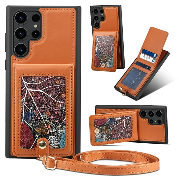 ELEHOLD Luxury Wallet Case for Samsung Galaxy S22 Ultra Leaf Pattern Design Flip Back Card Holders Magnetic Clasp Stand Function with Wriststrap Crossbody Strap Shockproof Purse Case,brown