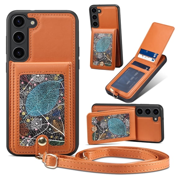 ELEHOLD Luxury Wallet Case for Samsung Galaxy S23 Fashion Leaf Pattern Design Flip Back Card Holders Magnetic Clasp Stand Function with Wriststrap Crossbody Strap Shockproof Purse Case,brown