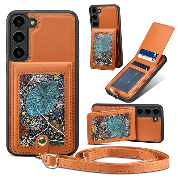 ELEHOLD Luxury Wallet Case&nbsp;for Samsung Galaxy S24+ Fashion Leaf Pattern Design Flip Back Card Holders Magnetic Clasp Stand Function with Wriststrap Crossbody Strap Shockproof Purse Case,brown
