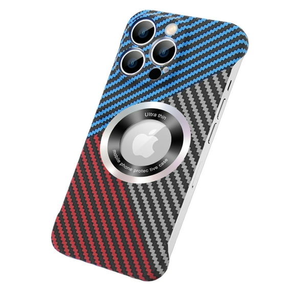 ELEHOLD Mag Safe Compatible iPhone 13 Pro Max Case, Ultra Slim Thin Carbon Fiber Texture Back Cover Frameless Bumper Case Scratch Resistant Logo View Window for iPhone 13 Pro Max,Blue Black Red