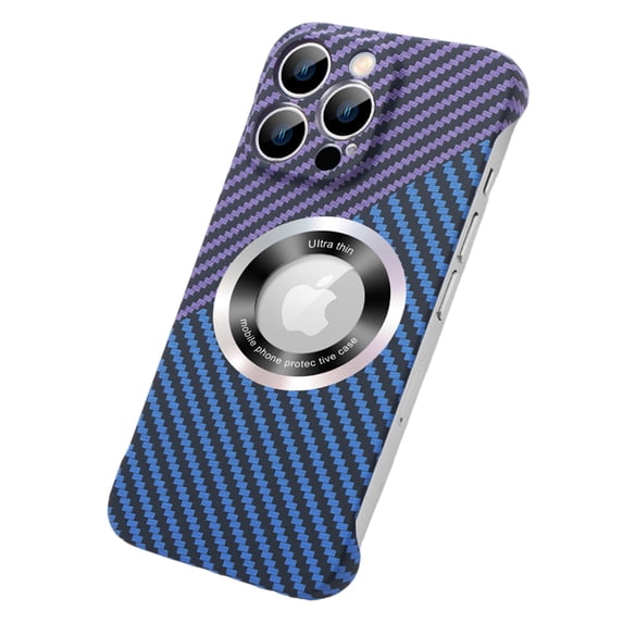 ELEHOLD Mag Safe Compatible iPhone 13 Pro Max Case, Ultra Slim Thin Carbon Fiber Texture Back Cover Frameless Bumper Case Scratch Resistant Logo View Window for iPhone 13 Pro Max,Purple
