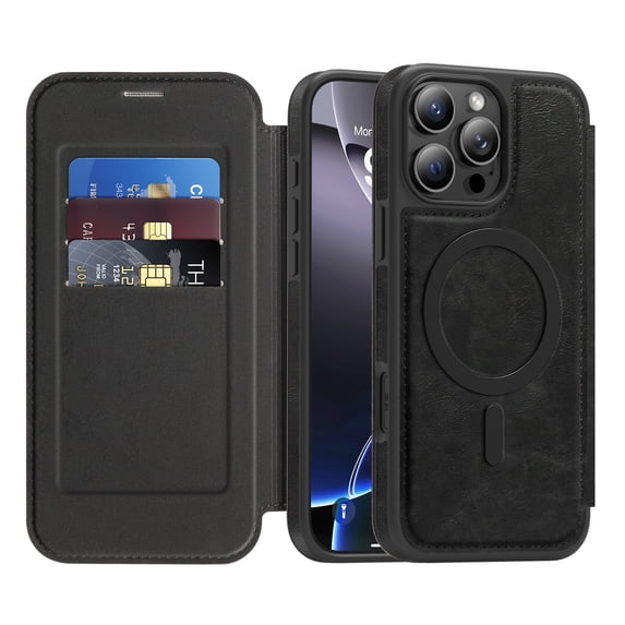ELEHOLD Mag-Safe Wallet Case For iPhone 14 , with RFID Blocking – PU Leather Flip Folio Phone Case with Card Slots Raised Edges Strong Magnetic Card holder Shockproof Cover ,Black