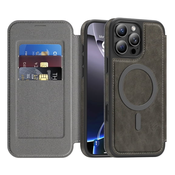 ELEHOLD Mag-Safe Wallet Case For iPhone 15 Pro Max , with RFID Blocking – PU Leather Flip Folio Phone Case with Card Slots Raised Edges Strong Magnetic Card holder Shockproof Cover ,Gray