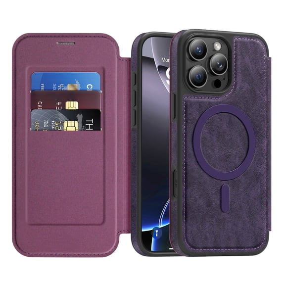 ELEHOLD Mag-Safe Wallet Case For iPhone 15 , with RFID Blocking – PU Leather Flip Folio Phone Case with Card Slots Raised Edges Strong Magnetic Card holder Shockproof Cover ,Purple