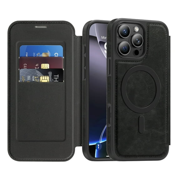 ELEHOLD Mag-Safe Wallet Case For iPhone 16 Pro , with RFID Blocking – PU Leather Flip Folio Phone Case with Card Slots Raised Edges Strong Magnetic Card holder Shockproof Cover ,Black