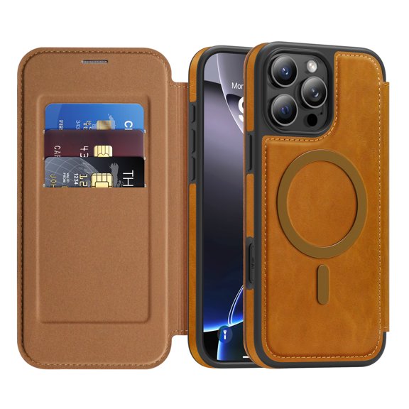 ELEHOLD Mag-Safe Wallet Case For iPhone 16 , with RFID Blocking – PU Leather Flip Folio Phone Case with Card Slots Raised Edges Strong Magnetic Card holder Shockproof Cover ,Brown