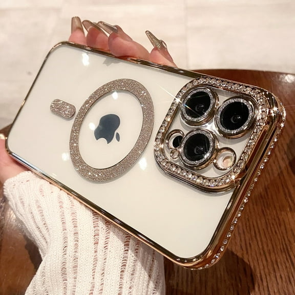 ELEHOLD MagSafe Compatible iPhone 12 Pro Max Glitter Plating Case with Diamond Camera Lens Protector, Cute Luxury Bling Rhinestones Soft Clear Transparent TPU Magnetic Case for iPhone 12 Pro Max,Gold