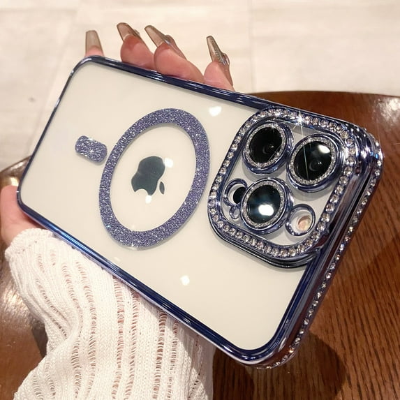 ELEHOLD MagSafe Compatible iPhone 13 Pro Glitter Plating Case with Diamond Camera Lens Protector, Cute Luxury Bling Rhinestones Soft Clear Transparent TPU Magnetic Case for iPhone 13 Pro,Blue