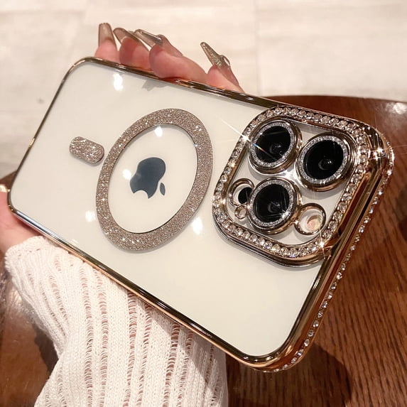 ELEHOLD MagSafe Compatible iPhone 13 Pro Glitter Plating Case with Diamond Camera Lens Protector, Cute Luxury Bling Rhinestones Soft Clear Transparent TPU Magnetic Case for iPhone 13 Pro,Gold