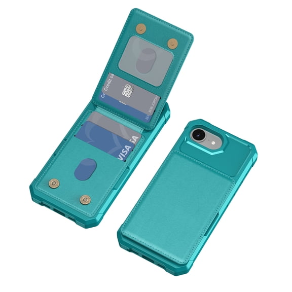 ELEHOLD Magnetic Button Closure Credit Card Holder Slots Stand Function Wallet Shock-Absorbent Shockproof Phone Case for iPhone 17e &  iPhone 16e,Green