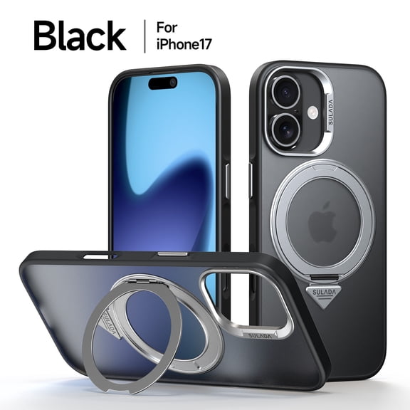 ELEHOLD Magnetic Case for 17, Compatible with Mag-safe,  Shockproof 360°Rotating Kickstand TPU Frame Matte PC Back Military Grade Phone Case for Men Women,Black
